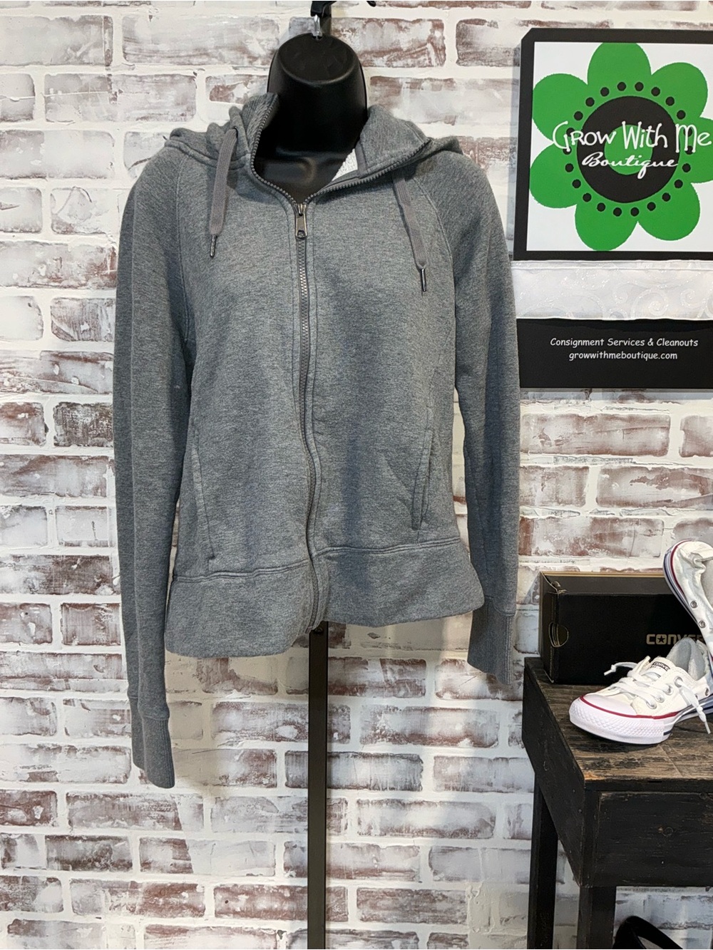 Zella Gray Zip-Up high collar hooded sweatshirt S